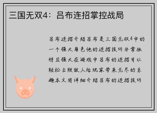 三国无双4：吕布连招掌控战局